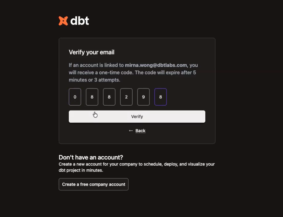 Verify code to login to dbt platform
