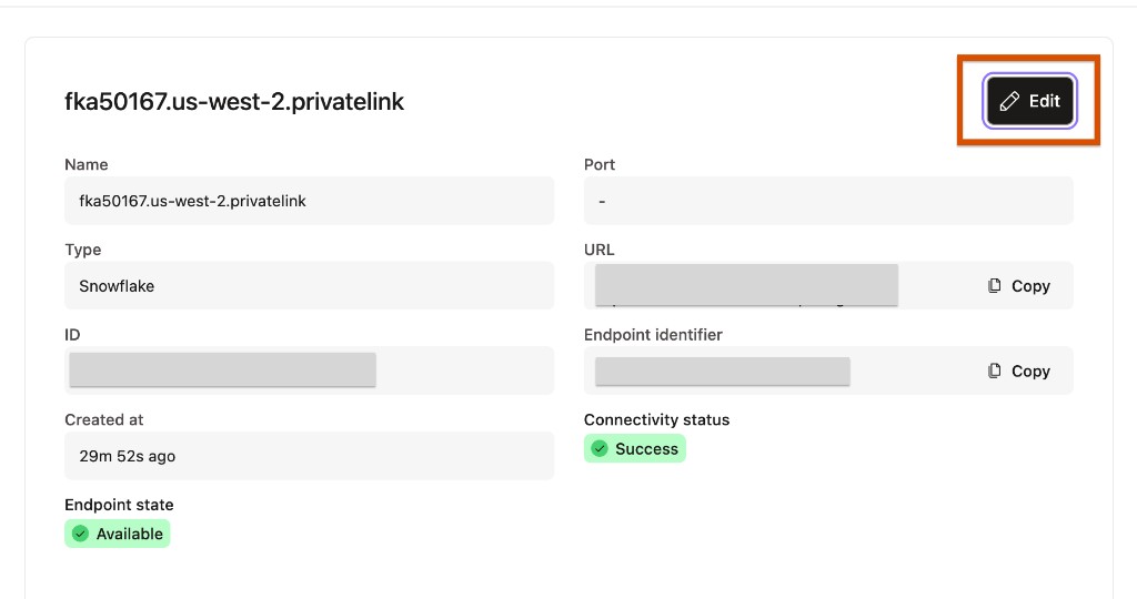 Private endpoint details page with the Edit button