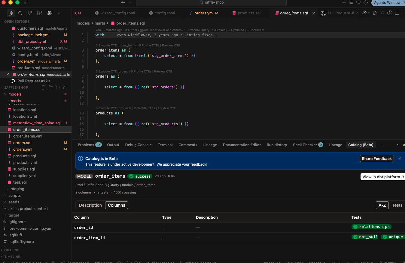 Example of the Catalog tab in the dbt VS Code extension Example of the Catalog tab in the dbt VS Code extension